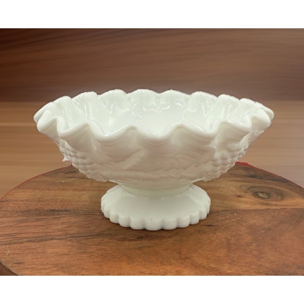 Vintage Fenton Milk Glass Compote Grape&Vine Pattern Ruffled Pre-Logo